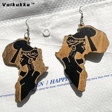 African Woman Wood Earrings