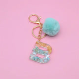 26 Initials Letter Key Pendant With Green Fluffy Pompom