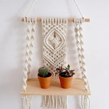 Macrame Wall Hanging Tapestry With Wooden Shelf