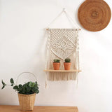 Macrame Wall Hanging Tapestry With Wooden Shelf